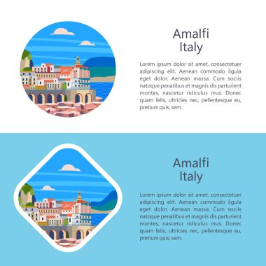 Amalfi Coast, İtalya. Sahil tatil beldesi. Vektör çizim. Kartpostal Yerler ile. Metin için yer.