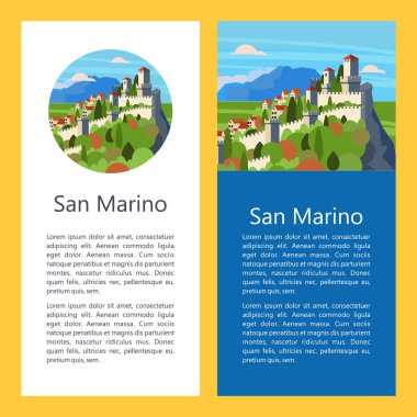 San Marino Cumhuriyeti. Şehir ve kale Dağı'nda. Vektör çizim. Kartpostal Yerler ile. Metin için yer.