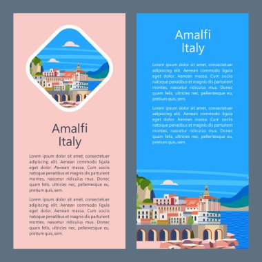 Amalfi Coast, İtalya. Sahil tatil beldesi. Vektör çizim. Kartpostal Yerler ile. Metin için yer.