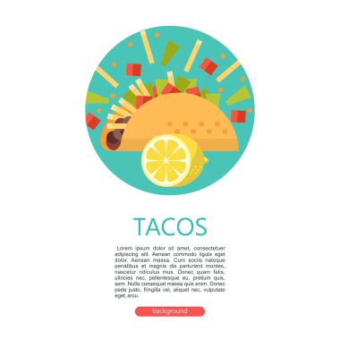Taco. Meksika lezzetli fast food Mısır ekmeği. Salata, et, domates, patates kızartması. Sosu ve limon. Vektör çizim düz tarzı. Metin için yer vardır. Şablon menü. Yuvarlak amblemi.