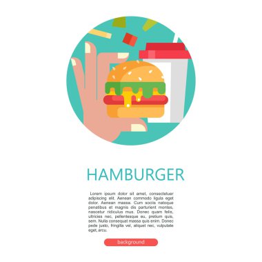 Hamburger. Lezzetli lokanta. Göğsü ile susam çörek sebze ile. Nefis. Yuvarlak amblemi. Bir hamburger tutan el. Bir cam bir tüp ile iç. Metin için yer ile vektör çizim.