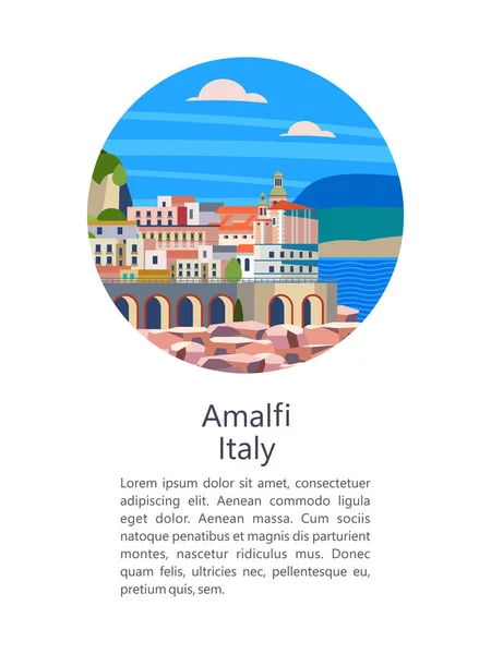 Amalfi Coast Italië Resort Badplaats Vectorillustratie Ansichtkaart Met Bezienswaardigheden Ruimte — Stockvector