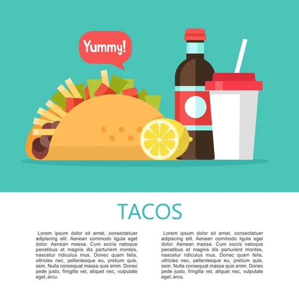 Tacos Mexican Delicious Fast Food Corn Tortillas Salad Meat Tomato — Stock Vector