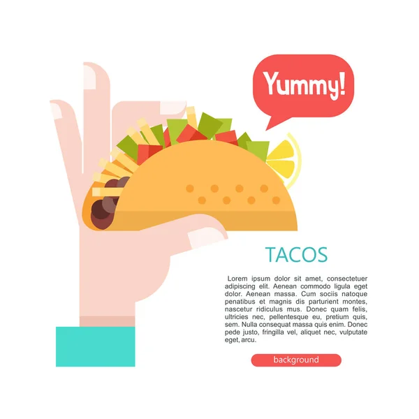 Tacos Hand Mexican Delicious Fast Food Corn Tortillas Salad Meat — Stock Vector