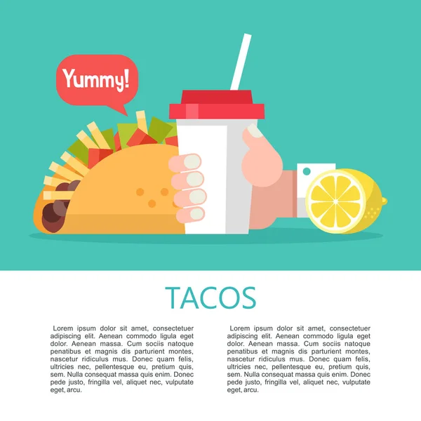 Tacos Mexican Delicious Fast Food Corn Tortillas Salad Meat Tomato — Stock Vector