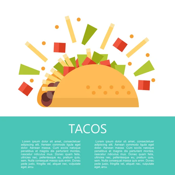 Taco. Meksika lezzetli fast food Mısır ekmeği. Salata, et, domates, patates kızartması. Sosu ve limon. Vektör çizim düz tarzı. Metin için yer vardır. Şablon Menü.