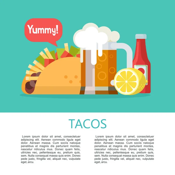 Tacos Délicieux Fast Food Mexicain Dans Les Tortillas Maïs Salade — Image vectorielle