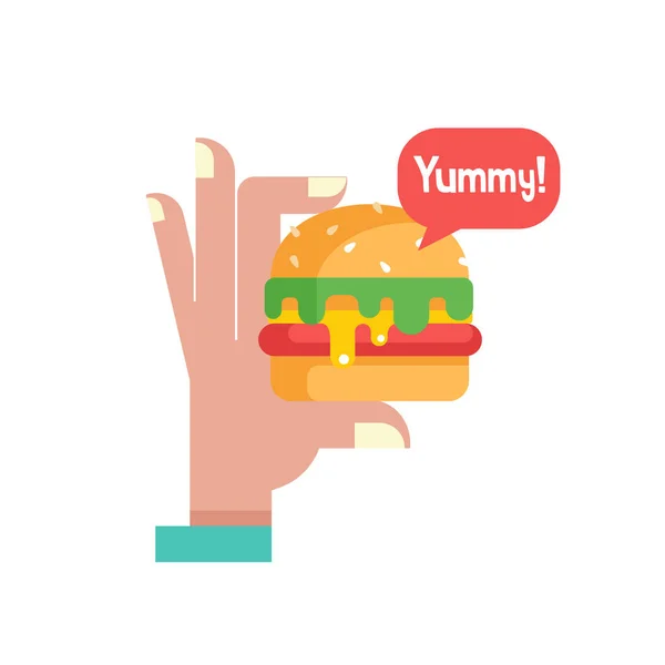 Hamburger Pyszne Jedzenie Fast Kotlet Warzywami Kok Sezamem Ręka Trzyma — Wektor stockowy