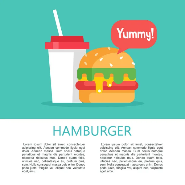 ハンバーガー おいしいファーストフード カツと野菜のゴマとドリンクとパン おいしい フラット スタイルのベクトル図 — ストックベクタ