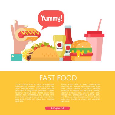 Fast food. Lezzetli yemek. Vektör çizim düz tarzı. Popüler lokanta yemekleri kümesi. Sosisli sandviç, hamburger, Taco. Hardal ve ketçap. İçki ve milkshake. Metin için yer ile illüstrasyon.