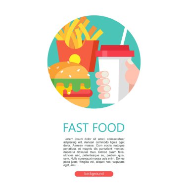 Fast food. Lezzetli yemek. Vektör çizim düz tarzı. Popüler lokanta yemekleri kümesi. Yuvarlak amblemi. Bir milkshake tutan el. Hamburger ve patates kızartması. Metin için yer ile illüstrasyon.