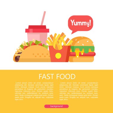 Fast food. Lezzetli yemek. Vektör çizim düz tarzı. Popüler lokanta yemekleri kümesi. Taco, patates kızartması, hamburger ve milkshake. Metin için yer ile illüstrasyon.