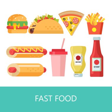 Fast food. Lezzetli yemek. Vektör çizim düz tarzı. Popüler lokanta yemekleri kümesi. Hamburger, tacos, sosisli sandviç, milkshake, pizza, kızarmış patates, hardal ve ketçap.