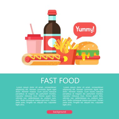 Fast food. Lezzetli yemek. Vektör çizim düz tarzı. Popüler lokanta yemekleri kümesi. Hamburger, içki, milkshake, patates kızartması, Hardallı sosisli sandviç.