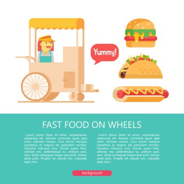 Durak sokak, sosisli sandviç, Taco hamburger satıyor. Fast food. Lezzetli yemek. Vektör çizim düz tarzı. Popüler lokanta yemekleri kümesi. Metin için yer ile illüstrasyon.