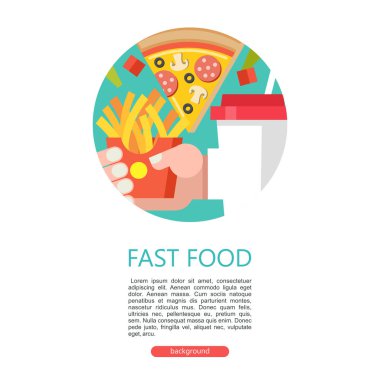 Fast food. Lezzetli yemek. Vektör çizim düz tarzı. Popüler lokanta yemekleri kümesi. Yuvarlak amblemi. Patates kızartması bir torba tutan el. Pizza ve milkshake. Metin için yer ile illüstrasyon.