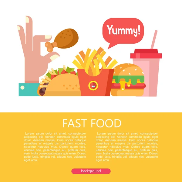 Fast food. Lezzetli yemek. Vektör çizim düz tarzı. Popüler lokanta yemekleri kümesi. Sosisli sandviç, hamburger, yemek, sosis, kızarmış tavuk. Hardal ve ketçap. İçki ve milkshake Tacos, patates kızartması, hamburger ve milkshake. El tutma ch