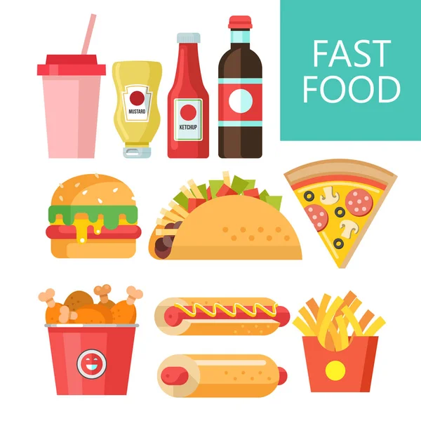 Comida Rápida Deliciosa Comida Ilustración Vectorial Estilo Plano Conjunto Platos — Archivo Imágenes Vectoriales