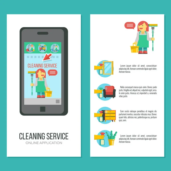 Cleaning service. A set of vector symbols. Professional cleaning lady with cleaning supplies. Cleaning icons set. Flyer template, business cards for cleaning service. Mobile application for cleaning service.