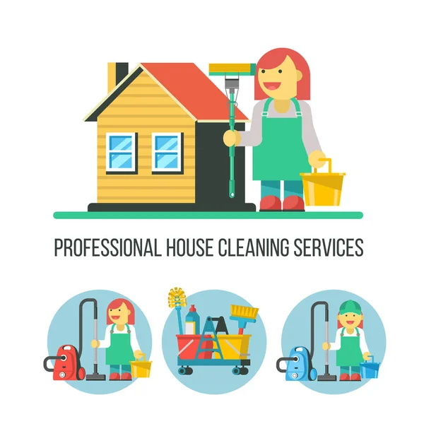 Cleaning Service Set Vector Symbols Professional Cleaning Lady Mop His — Stock Vector
