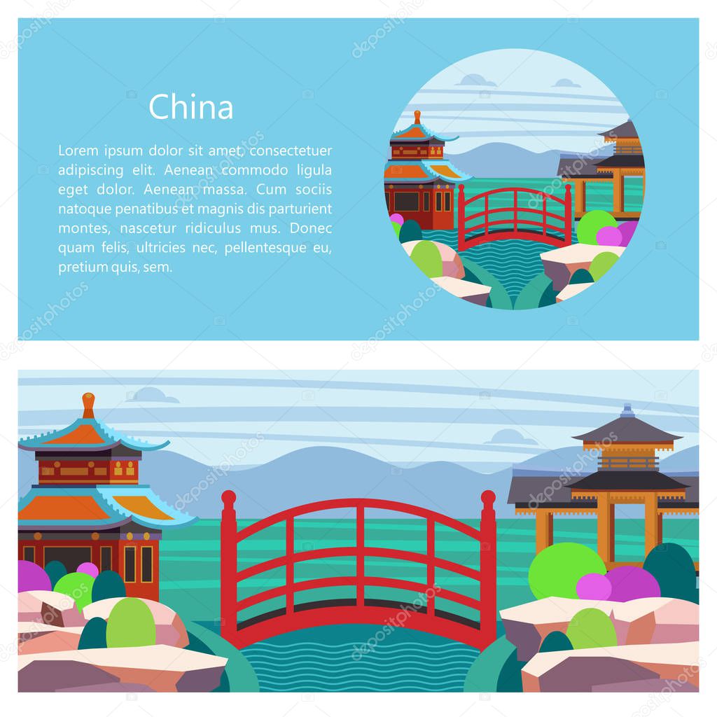 Magnificent, magical China. Vector illustration of emblem with place for text. Beautiful scenery, Chinese traditional houses. Chinese red bridge. Chinese traditional arch.