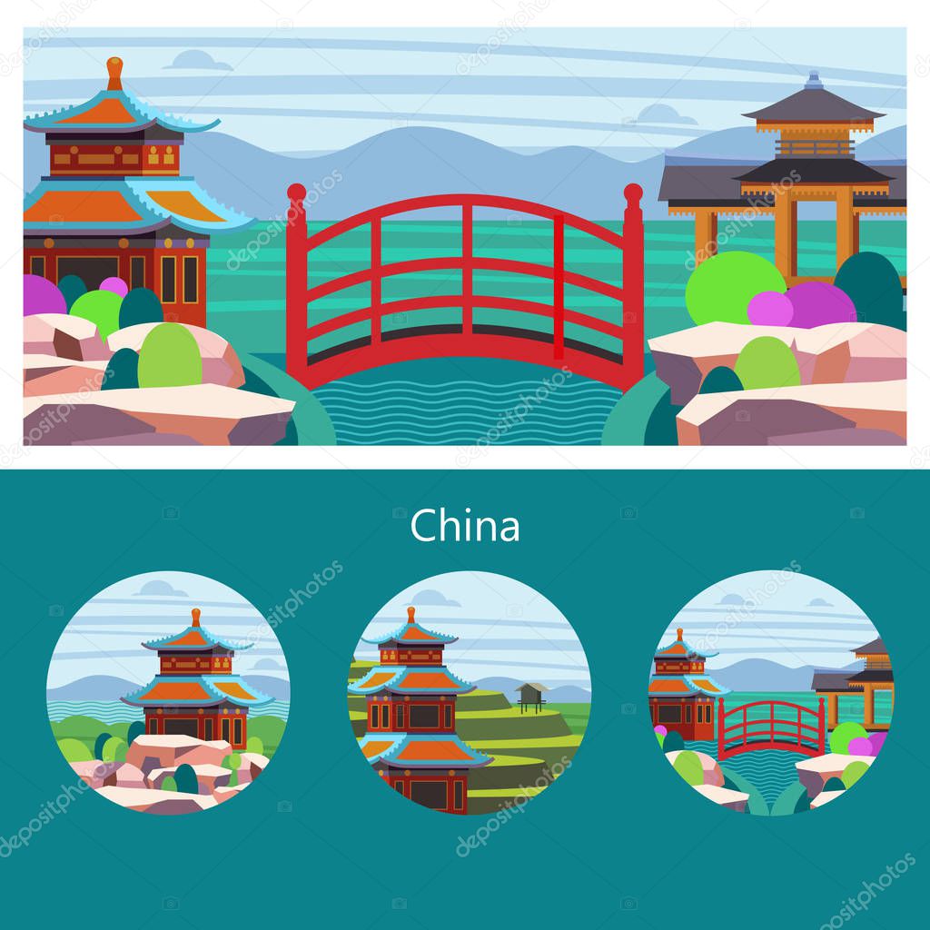 Magnificent, magical China. Vector illustration of emblem with place for text. Beautiful scenery, Chinese traditional houses. Chinese red bridge.