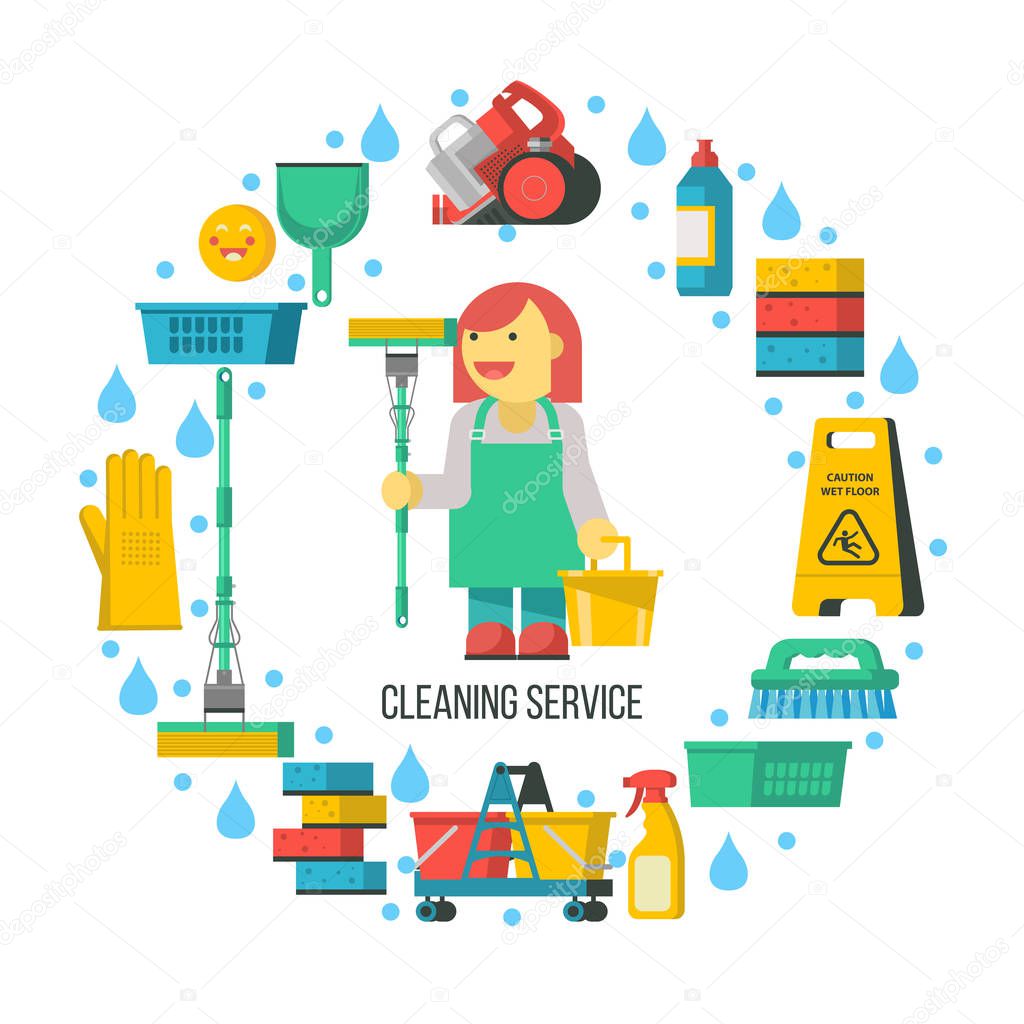 Cleaning service. Cleaning supplies are arranged in a circle. In the center of a professional cleaner. Vector illustration.