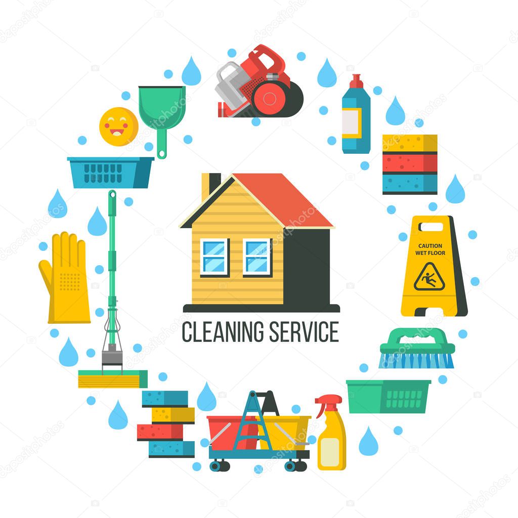 Cleaning service. Cleaning supplies are arranged in a circle. In the center of the circle is the house. Vector illustration.