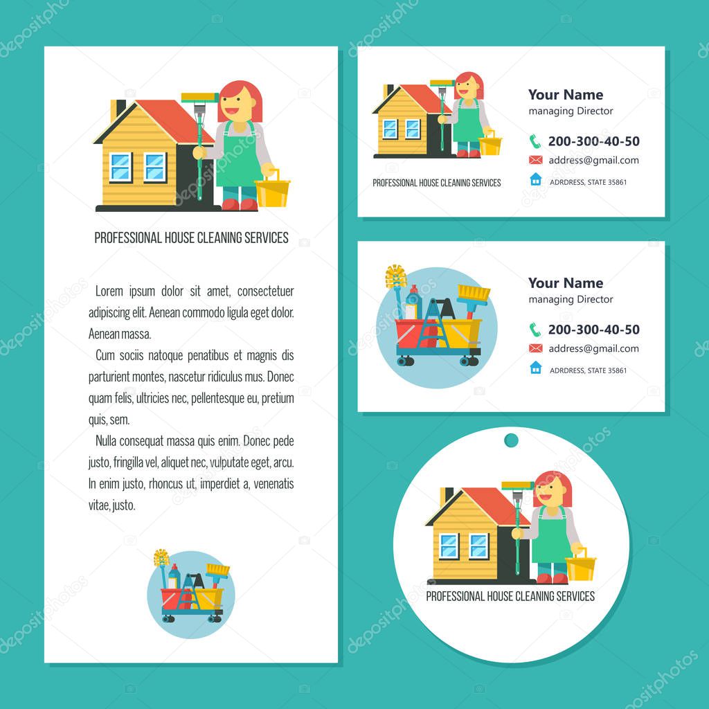 Cleaning service. A set of vector symbols. Professional cleaning lady with cleaning supplies. Cleaning icons set. Flyer template, business cards for cleaning service.