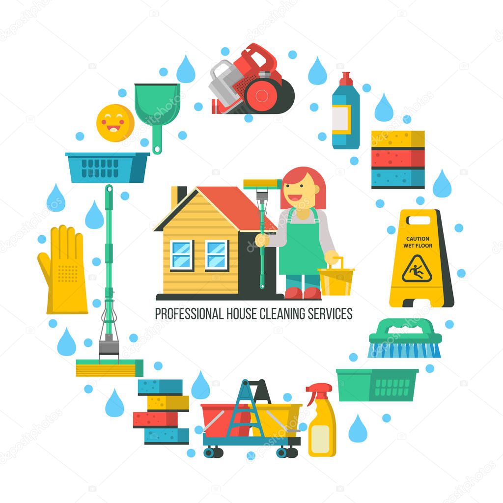 Cleaning service. Cleaning supplies are arranged in a circle. In the center of the professional cleaning lady was standing near the house. Vector illustration.