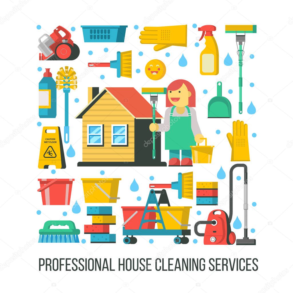 Cleaning service. Cleaning supplies are located in a rectangle. In the center of the professional cleaning lady was standing near the house. Vector illustration.