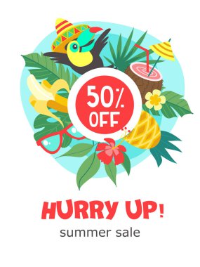 Yaz Satılık. Parlak renkli reklam afişi. Neşeli Toucan, tropikal yaprak ve meyve. Her şey yüzde 50 indirim. Resimde çizgi film tarzı.