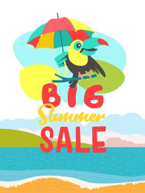Büyük yaz Satılık. Parlak renkli reklam afişi. Neşeli Toucan bir dalda oturur ve parlak bir şemsiye tutar. Resimde çizgi film tarzı.