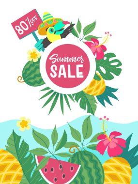 Yaz Satılık. Parlak renkli reklam afişi. Neşeli Toucan parlak bir Meksikalı şapkalı bir işaret tutan. Her şey indirimler. Resimde çizgi film tarzı.