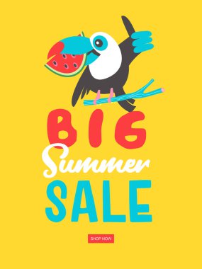 Büyük yaz Satılık. Parlak renkli reklam afişi. Neşeli Toucan parlak bir Meksikalı şapkalı bir karpuz tutarak. Resimde çizgi film tarzı.
