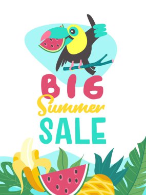 Yaz Satılık. Parlak renkli reklam afişi. Neşeli Toucan karpuz, tropikal yaprak ve meyve ile. Resimde çizgi film tarzı.