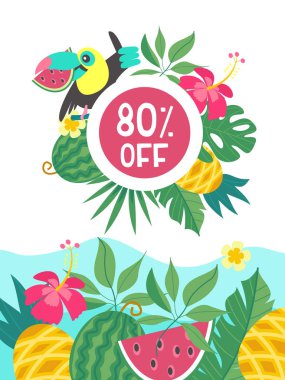 Yaz Satılık. Parlak renkli reklam afişi. Neşeli Toucan karpuz, tropikal yaprak ve meyve ile. Resimde çizgi film tarzı.