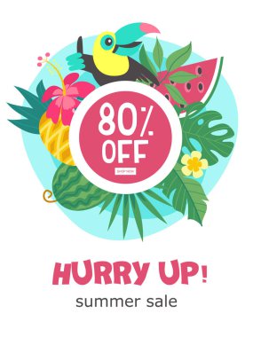 Yaz Satılık. Parlak renkli reklam afişi. Neşeli Toucan, tropikal yaprak ve meyve. Her şey yüzde 80'i indirim. Resimde çizgi film tarzı.