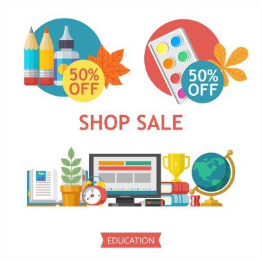 Okul Satılık. Vektör renkli resimde. Okul malzemeleri ve sonbahar yaprakları kümesi. Satış zamanı poster için kırtasiye ve okul malzemeleri.