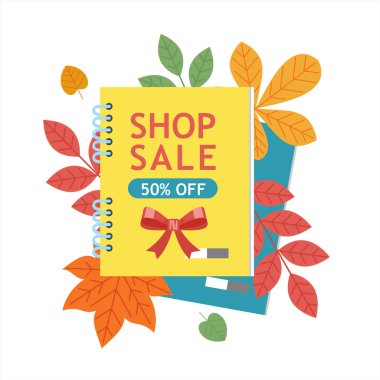Okul Satılık. Vektör renkli resimde. Okul malzemeleri ve sonbahar yaprakları kümesi. Satış zamanı poster için kırtasiye ve okul malzemeleri.
