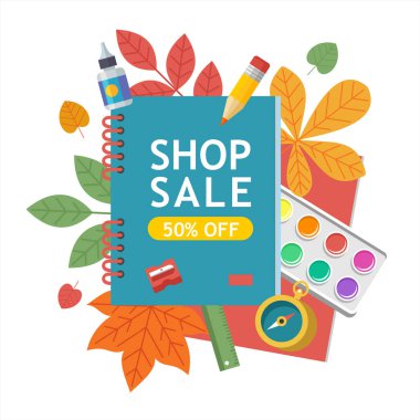 Okul Satılık. Vektör renkli resimde. Okul malzemeleri ve sonbahar yaprakları kümesi. Satış zamanı poster için kırtasiye ve okul malzemeleri.