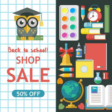 Okul Satılık. Vektör renkli resimde. Okul malzemeleri ve sonbahar yaprakları kümesi. Satış zamanı poster için kırtasiye ve okul malzemeleri.