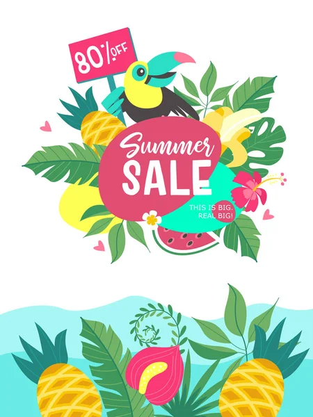 Venta Verano Cartel Publicitario Colores Brillantes Alegre Tucán Hojas Tropicales — Vector de stock