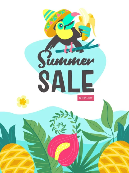 Summer Sale Bright Colorful Advertising Poster Cheerful Toucan Bright Mexican — Stock Vector