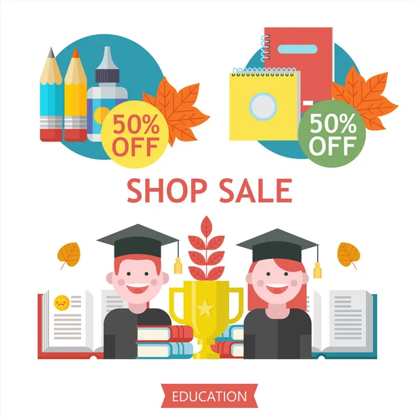 Okul Satılık. Vektör renkli resimde. Okul malzemeleri ve sonbahar yaprakları kümesi. Satış zamanı poster için kırtasiye ve okul malzemeleri.