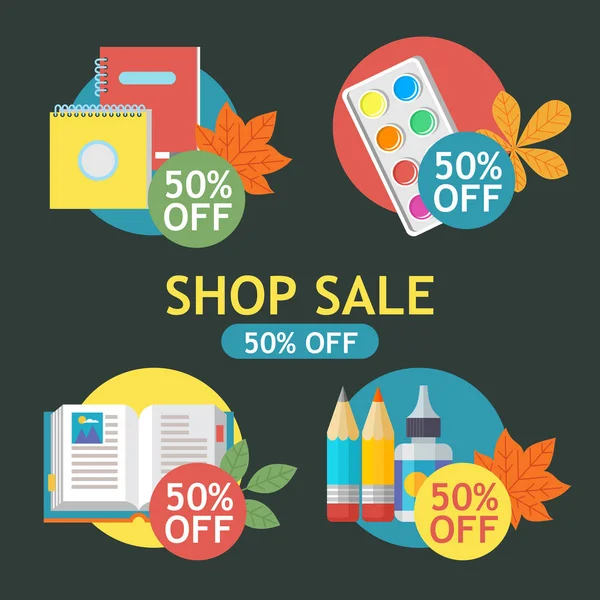 Okul Satılık. Vektör renkli resimde. Okul malzemeleri ve sonbahar yaprakları kümesi. Satış zamanı poster için kırtasiye ve okul malzemeleri.