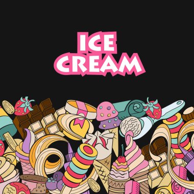 Elle çizilmiş dondurma. Çeşitli Ice cream, fındık, çilek, çikolata ve çerezleri tepesi ile. Doodle illüstrasyon vektör.