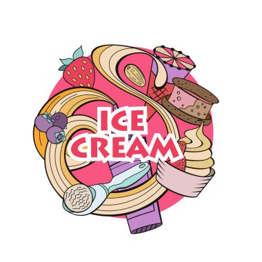 Elle çizilmiş dondurma. Çeşitli Ice cream, fındık, çilek, çikolata ve çerezleri tepesi ile. Doodle illüstrasyon vektör.
