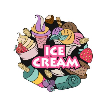 Elle çizilmiş dondurma. Çeşitli Ice cream, fındık, çilek, çikolata ve çerezleri tepesi ile. Doodle illüstrasyon vektör.