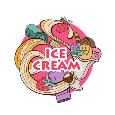 Elle çizilmiş dondurma. Çeşitli Ice cream, fındık, çilek, çikolata ve çerezleri tepesi ile. Doodle illüstrasyon vektör.